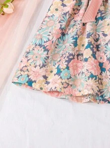 SHEIN Vintaside Kids 少女花卉印花荷葉邊連身裙配腰帶和帽子