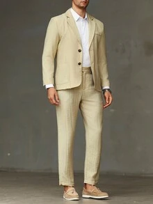 Manfinity Mode Plus Size Men's Solid Color Lapel NeckLong Sleeve Jacket And Pants Suit Set - Apricot - View 3