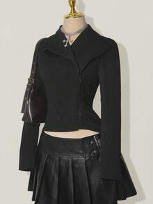 SHEIN ICON Women's Double Layer Collar Fitted Jacket Black Zip Up Jacket In Fall/Winter - Black - View 1