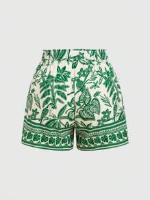 SHEIN SXY 2 件套大码女式纯色无袖抹胸和热带植物印花短裤度假套装，适合早春、春夏季、雨林、海滩派对、海边度假、篝火晚会，清凉轻盈，修身版型，穿着舒适，易于搭配且看起来苗条，凸显您的身材，修饰身材，2 件套夏季服装 - 彩色 - 查看 12
