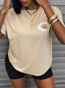 INAWLY Floral & Slogan Graphic Drop Shoulder Tee & Biker Shorts - Khaki - View 5