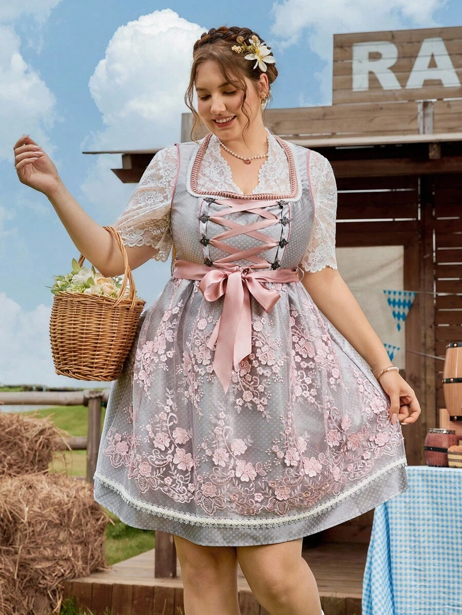 SHEIN Frenchy Plus Size Women Tie-Up Design Applique Mesh Hem Sleeveless Elegant Dirndl, German, Oktoberfest, Traditional Dress,Fall Clothes For Women - Multicolor - View 1