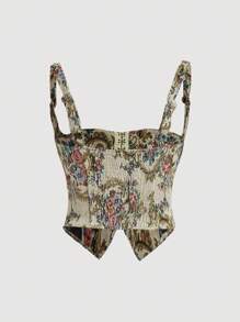 SHEIN MOD Vintage Jacquard Spaghetti Strap Corset With Double Buckle, Plus Size Women's Bustier - Multicolor - View 2