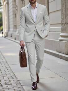 Manfinity Bizformal 男士商务通勤西装外套和裤子套装 - 灰色 - 查看 5