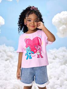 SHEIN X Care Bears 少女卡通熊图案圆领宽松休闲短袖针织T恤夏季 - 粉色 - 查看 1