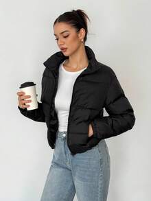 SHEIN Tall 短款女士冬季棉服外套 - 黑色 - 查看 10