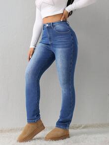 SHEIN Tall Quần Jeans Nữ Quần Jeans Nữ Màu Xanh Quần Jeans Nữ Mùa Đông Quần Jeans Nữ Ấm Áp Quần Jeans Nữ Cao Quần Jeans Mùa Đông Quần Denim Giữ Nhiệt Teddy Quần Denim Teddy Giữ Nhiệt Lông Cừu Mềm - Rửa nhẹ - Xem 4