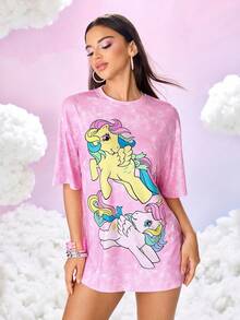 My Little Pony X SHEIN Women's Casual Everyday Street Chic Cartoon Pegasus & Tie-Dye Print Loose Fit T-Shirt, Summer - Pink - View 5