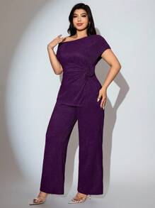 Modelyn Plus Size Women's Solid Color Oblique Shoulder Floral Decor Top And Pants Elegant 2 Pieces Set - Purple - View 4