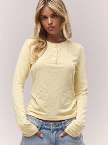 MUSERA Long Sleeve Pointelle Pattern Button Down Top Fall Autumn Old Money Cute Cosy Country Cottage Core Clean Girl Casual Winter Lounge For Women Butter Yellow Butterscotch Winter Elegant Spring Summer - Yellow - View 1