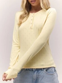 MUSERA Long Sleeve Pointelle Pattern Button Down Top Fall Autumn Old Money Cute Cosy Country Cottage Core Clean Girl Casual Winter Lounge For Women Butter Yellow Butterscotch Winter Elegant Spring Summer - Yellow - View 5