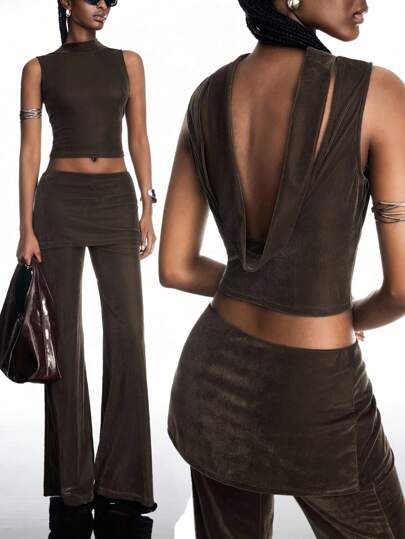 LYSMO 2件套女士纯色修身无袖上衣和裤子套装