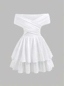 SHEIN 优雅纯色时尚休闲露肩少女连衣裙