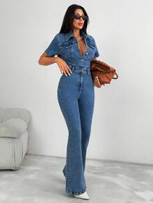 EURMUSE Button Front Medium Wash Denim Jumpsuit Denim Jumpsuit Women Blue Jean Jumpsuit Flare Jumpsuit Jean Jumpsuit Womens Jumpsuit - Medium Wash - View 1