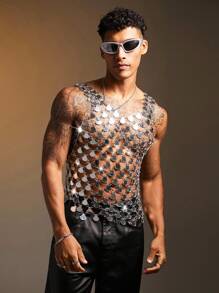 FeverCity Men's Sequin Patchwork Sexy Tank Top, 2000s Style - Silver - View 2