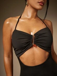 Hauture 性感夏季休闲中心石装饰细节镂空吊带背心阔腿连体裤 - 黑色 - 查看 2