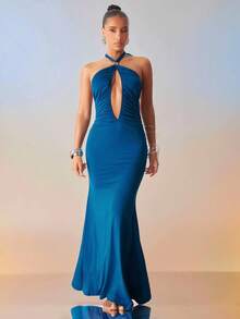 Hauture Sexy Summer Night Vacation Party Solid Ornament Hallow Out Cut Out Ruched Halter Maxi Dress - Blue - View 3