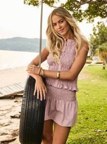 Aralina Shirred Frill Two Pieces Set Perfect For Summer Vacation Outfits And Women's Beach Outfits Stockholm Style - Dusty Pink - View 7