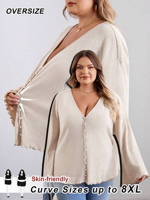 SHEIN CURVE+ Curve Plus Size/Autumn Clothes /Fall Women Clothes/Winter Clothes For Women/Winter ClothesPlus Size Pearl Button Deep V-Neck Long-Sleeved Knitted Cardigan, Business Attire Plus Size Sweater 8xl Women Clothes 6xl Plus Womans Clothes 5xl Plus Size Plus Size Cardiganfall Clothes For Women,Winter,CURVE PLUS