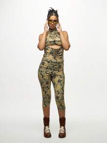 SUMWON WOMEN Camouflage Print High Neck Tank Top With Slash Details Unique Cutout Design Ruched Halter Style Sleeveless Blouse Fashion Statement Piece For Festival Season - Army Green - View 4