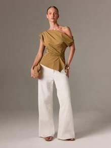 AiiRZ 优雅单肩不对称晚礼服上衣，饰有金色别针，垂坠效果，适合派对等正式场合，秋季时尚之选。 - 綠色 - 查看 3