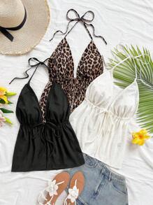 Soleia 休闲度假、西部海滩、婚礼宾客装束、毕业典礼、早午餐、圣帕特里克节、春假、复活节、音乐节、优雅波西米亚风、热带风情、露背蝴蝶结细肩带、豹纹吊带背心 - 彩色 - 查看 5