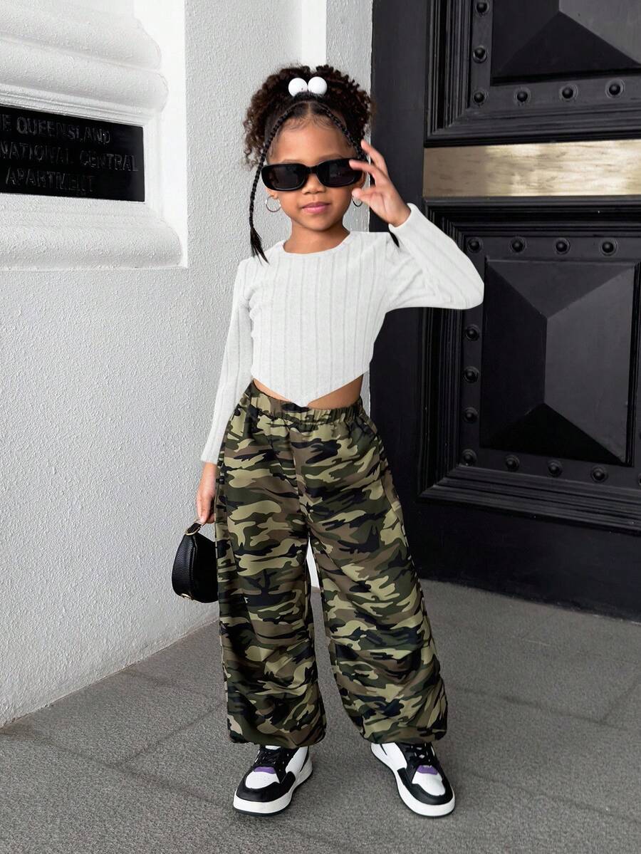 SHEIN Young Girl Casual Knit Long Sleeve Top And Camouflage Long Pants Set Girls Camo Pants Girls Cargo Pants Girls Outfit Sets Crop Top Girls Outfit Set - White - View 1