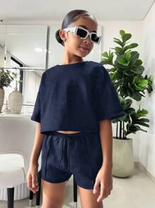 SHEIN 2 件套青少年女孩宽松短款 T 恤 + 紧身短裤，休闲日常百搭服装