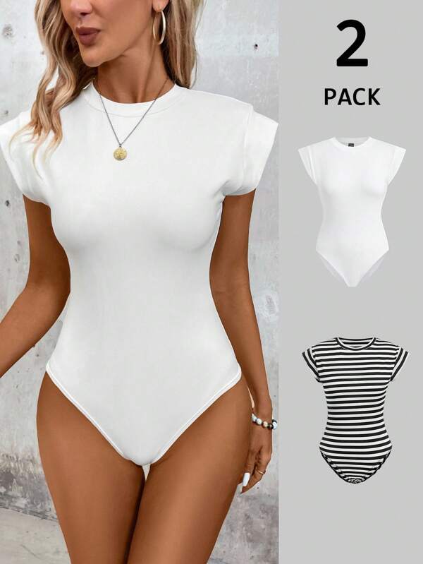SHEIN LUNE 2 piezas Body casual minimalista de mujer a rayas, combinación blanca adecuada para el verano