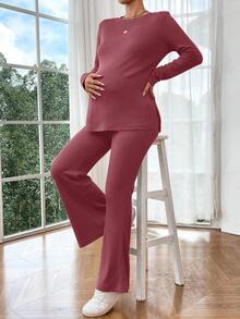 SHEIN Set de top y pantalones casuales de unicolor con abertura lateral para maternidad, 2 piezas - Rosa Fucsia - Ver 4