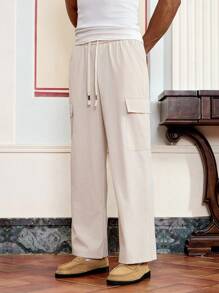 SWAVVY Men's Casual Solid Color Straight Leg Cargo Pants - Beige - View 3