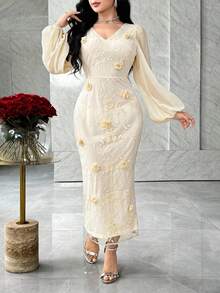 Modelyn Women's Elegant 3D Floral Embroidery Dress - Apricot - View 4