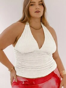 Aralina Curve Plus Size Ruched Halter Neck Slim Fit Backless Tie Up Going Out Top - White - View 4