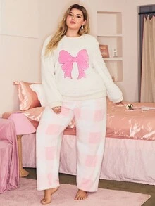 SHEIN Sweet Ins Bow Embroidery Top And Plaid Pattern Pants Cozy Plush Oversized Fluffy Pajama Set, Cute Lounge Wear, Fall Winter Clothes - Multicolor - View 5