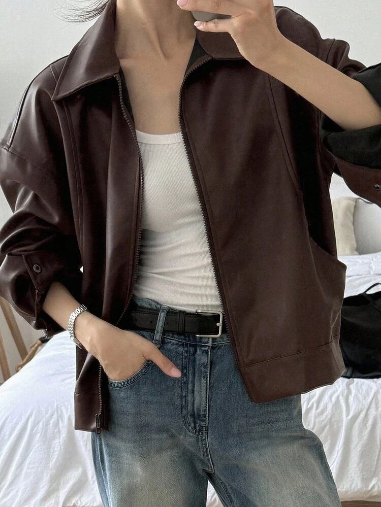 Lapel Zipper Loose Casual Boyfriend Style Motorcycle Leather Jacket Women Coats