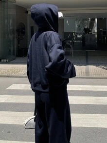 DAZY Set de 2 piese pentru femei, cu glugă și hanorac în carouri, pantaloni scurți cu picior drept, stil casual, stil streetwear - Albastru marin - Vizualizare 8