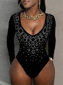 SHEIN Women's Round Neck Rhinestone Decorated Long Sleeve Slim Fit Bodysuit Fall Cloth For Women