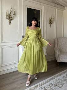 Lyrianda Plus Size Sequin Waist Fitted Long Sleeve Dress With Square Neckline Fall Cloth For Women