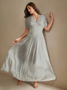 Anewsta 大码女式 V 领短袖串珠链褶腰露背系带长裙，优雅精致，夏季 - 灰色 - 查看 6