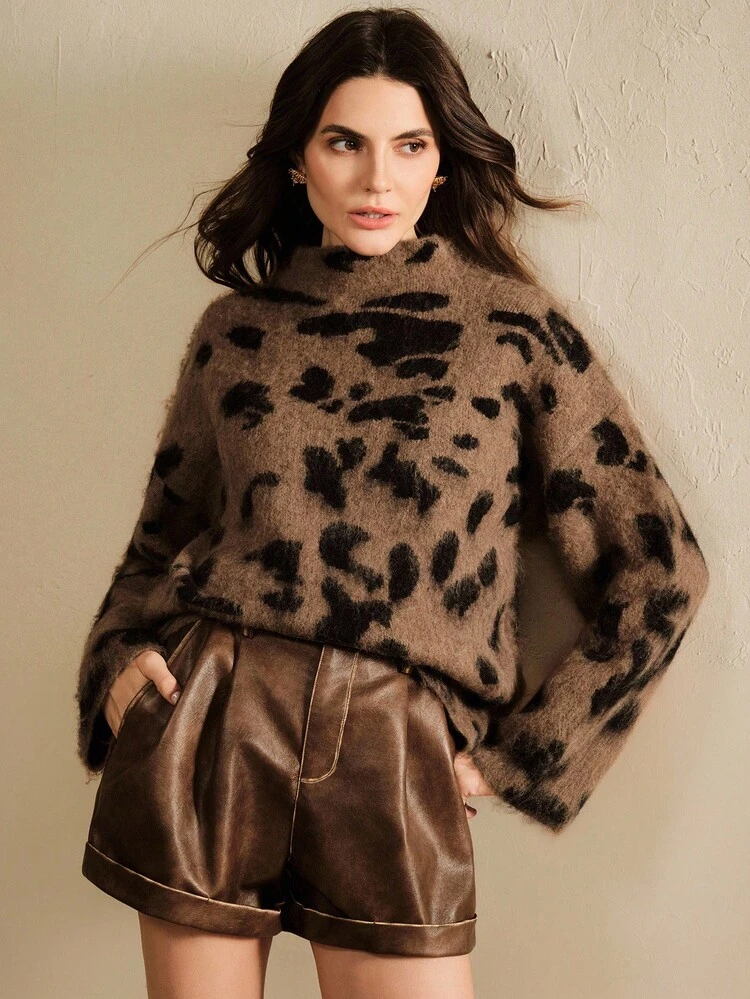 Fashionable Autumn/Winter Elegant Versatile Loose Fuzzy Speckled Leopard Print Turtleneck Oversized Sleeve Women Wool Sweater