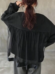 FRIFUL Women's Loose Fit Round Neck Long Sleeve Black Solid Color Sheer Mesh Patchwork Back Casual T-Shirt, Versatile For Autumn