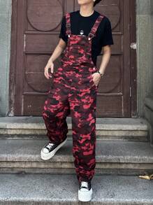 Manfinity Roghcode 男士迷彩图案口袋阔腿宽松休闲牛仔背带裤 - 紅色 - 查看 1