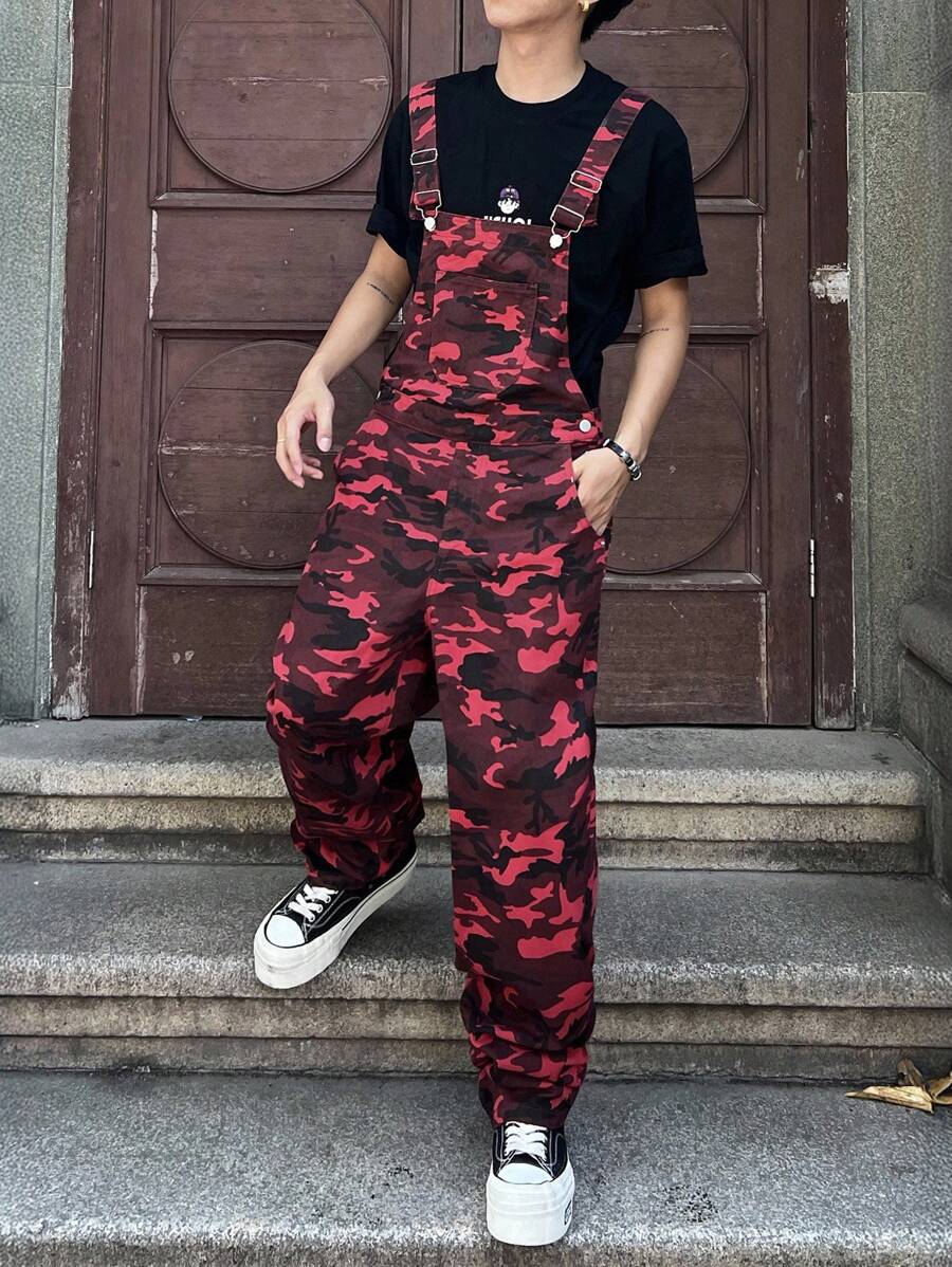 Manfinity Roghcode 男士迷彩图案口袋阔腿宽松休闲牛仔背带裤 - 紅色 - 查看 1