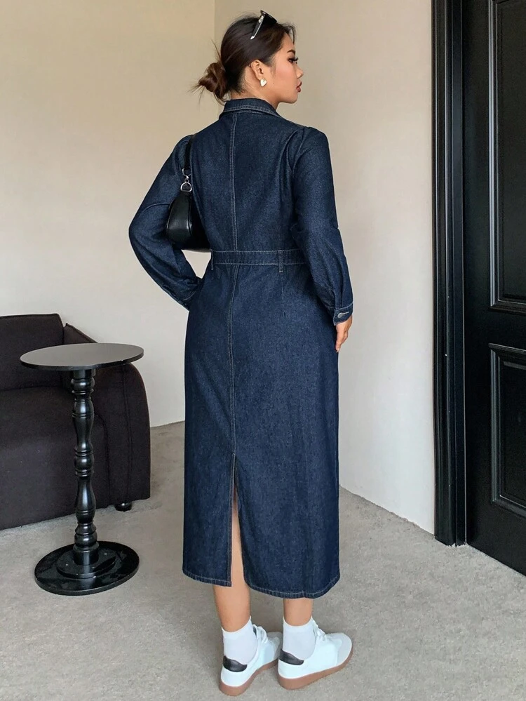 Dazy Plus Plus Size Women Dark Wash Denim Long Sleeve Dress Fall Women Clothes Curve Denim Dress Maxi Dress