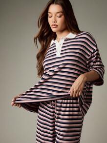 MISSGUIDED Striped Ribbed Knit Rugby Polo Co-Ord Set With Long Pants Relaxed Fit College Style Fall Winter Loungewear Casual Two Piece Outfit - Multicolor - View 3