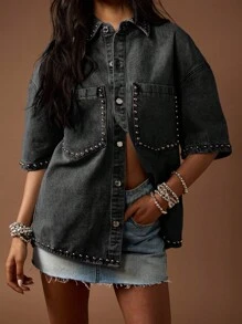 MISSGUIDED 西部风格铆钉牛仔纽扣衬衫超大四分袖节日摇滚朋克摇滚音乐会派对街头服饰时尚秋冬 - 灰色 - 查看 6