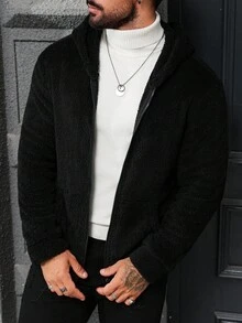 Manfinity CasualCool 男士长袖休闲纯色连帽外套，秋冬季百搭抓绒外套，黑色 - 黑色 - 查看 7