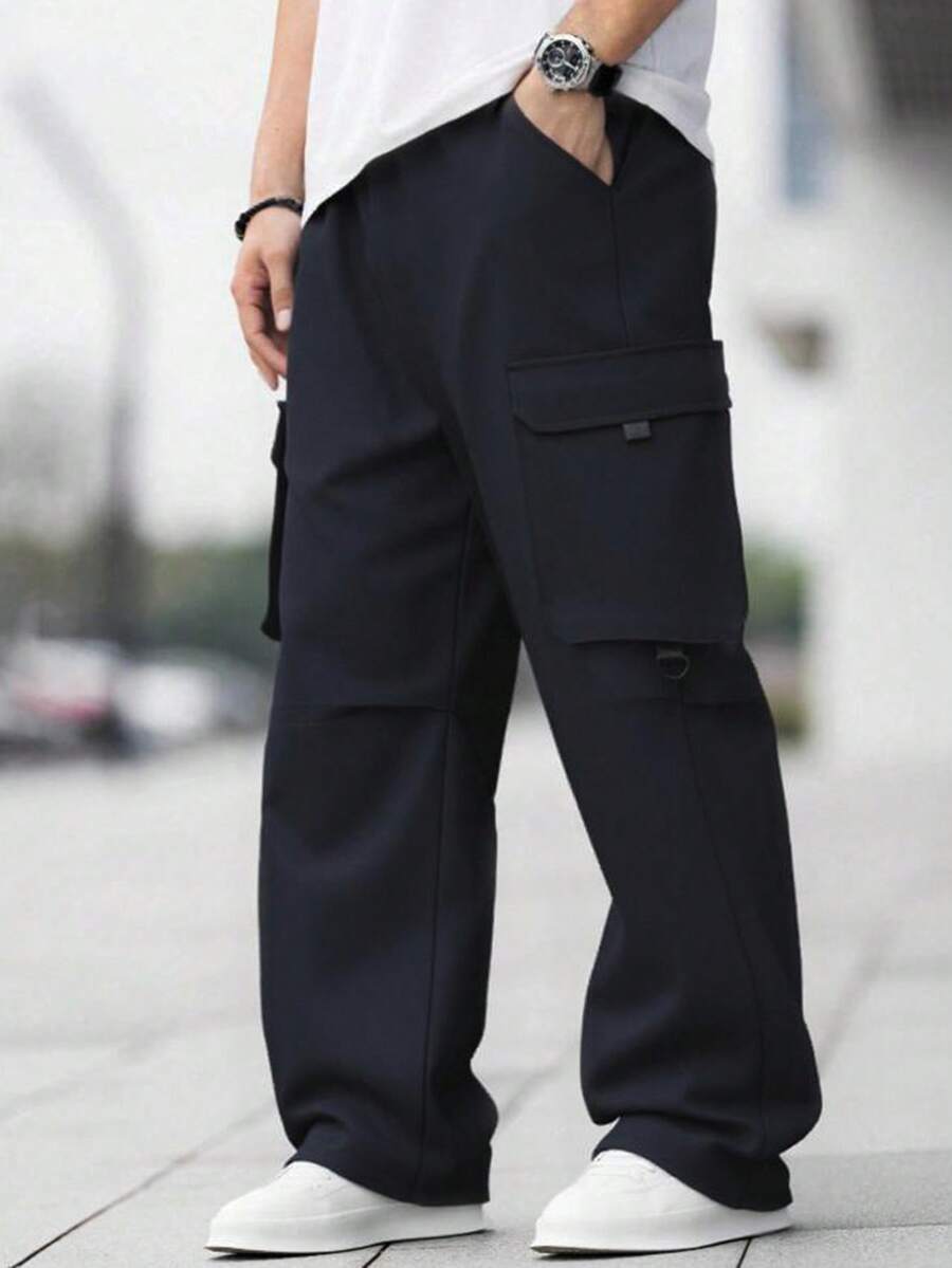 Calça cargo preta para meninos adolescentes com bolsos 3D, estilo casual universitário, confortável e moderno, versátil para uso diário, escola, viagens, atividades ao ar livre