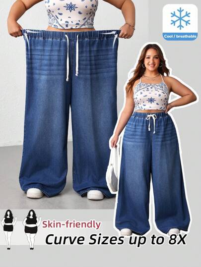 SHEIN CURVE+ 大码宽松阔腿蓝色牛仔裤