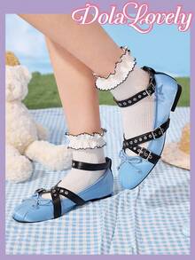 Dola Lovely 女士缎面蓝色交叉金属扣芭蕾平底鞋，优雅甜美大码女士春季鞋 - 藍色 - 查看 3